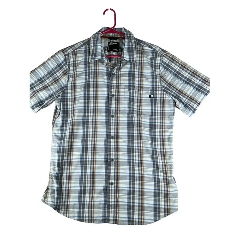 Marmot Button Up Shirt Mens M Grey Blue Plaid Short Sleeve Hiking Pocket Outdoor